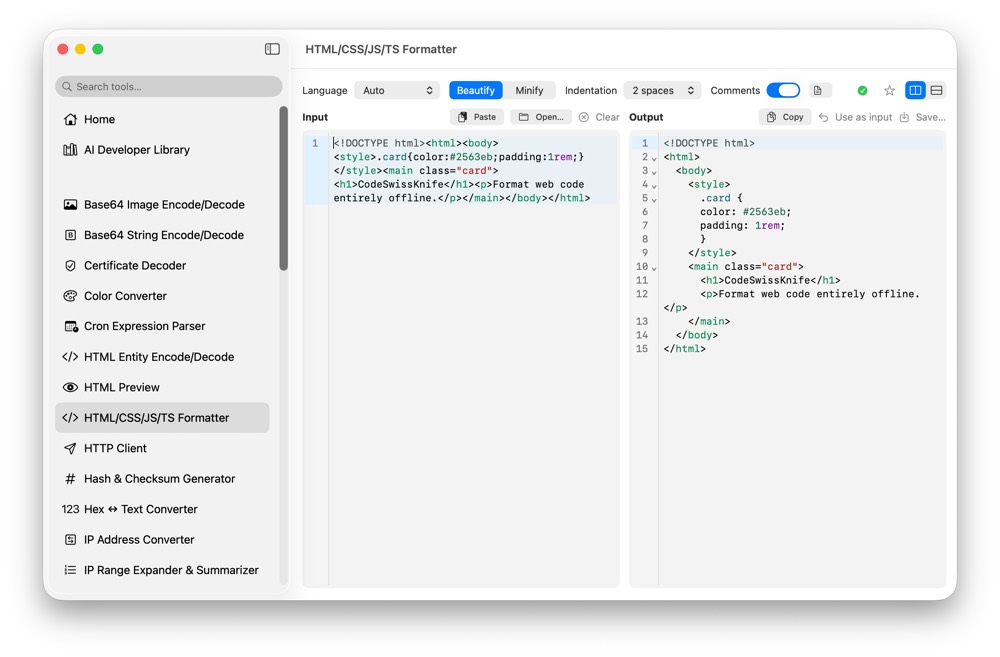 CodeSwissKnife HTML CSS JS TS Formatter showing formatted frontend code in a native macOS app.