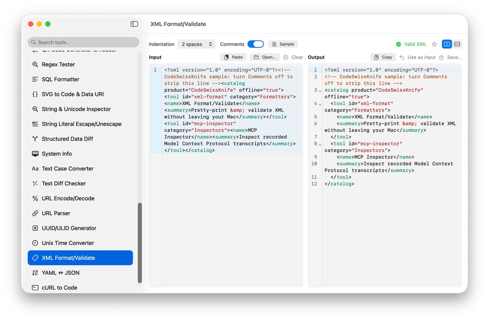 CodeSwissKnife XML Format Validate showing formatted XML in a native macOS app.