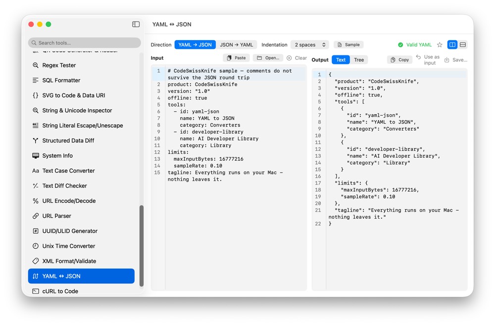 CodeSwissKnife YAML to JSON running in a native macOS app.